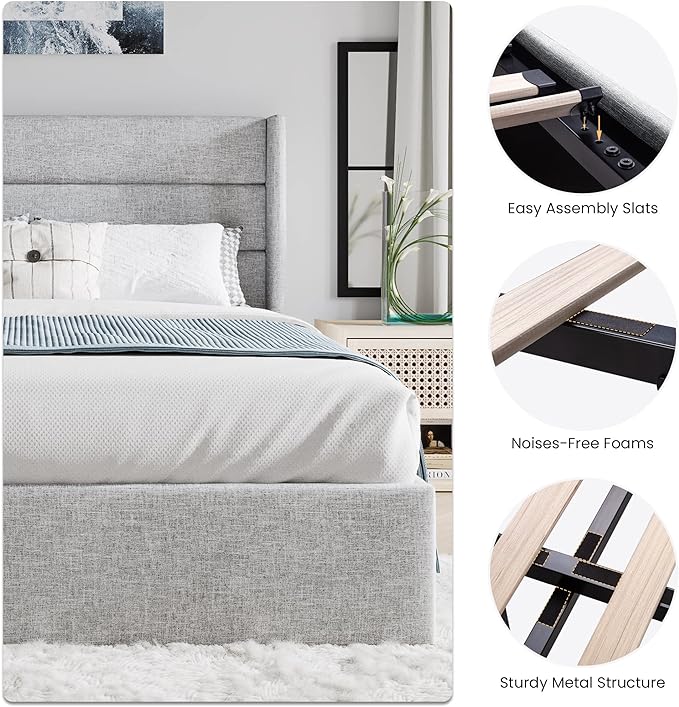 SHA CERLIN Queen Size Lift Up Storage Bed/Modern Wingback Headboard/Upholstered Platform Bed Frame/Hydraulic Storage/No Box Spring Needed/Wood Slats Support/Light Grey