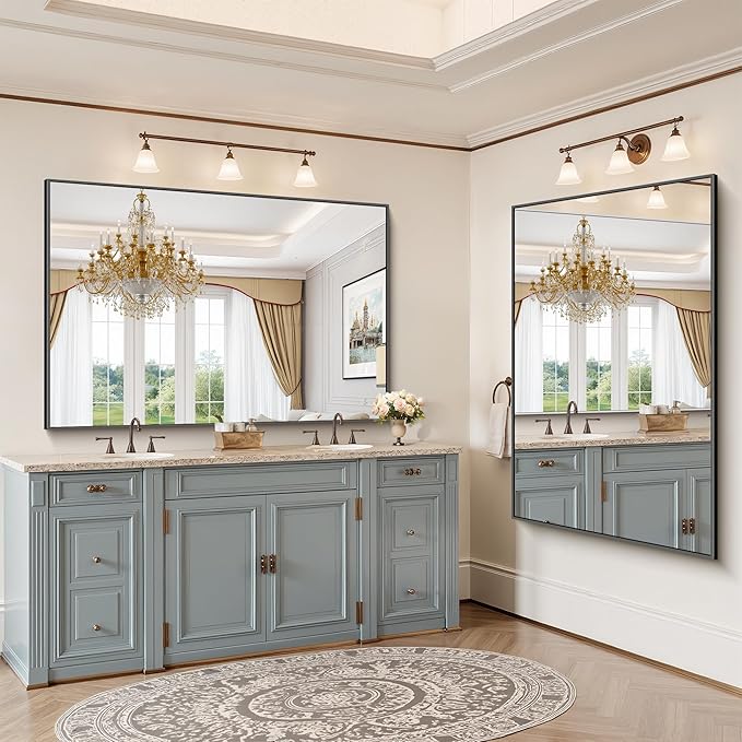 YIROMAN Bathroom Mirror 60"x40", Large Matte Black Bathroom Mirror for Over Sink with Aluminum Frame, Rectangular Vanity Mirror with Right Angle, Wall Mirror Hangs Horizontal or Vertical, Shatterproof