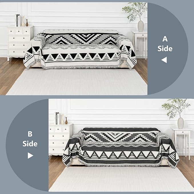 MYSKY HOME Boho Couch Cover for Dogs Washable Black Rhombic Couch Sofa Protector Cats Pets Friendly Chenille Geometric Sofa Covers Soft Durable Farmhouse Sofa Slipcovers, 71" X102"