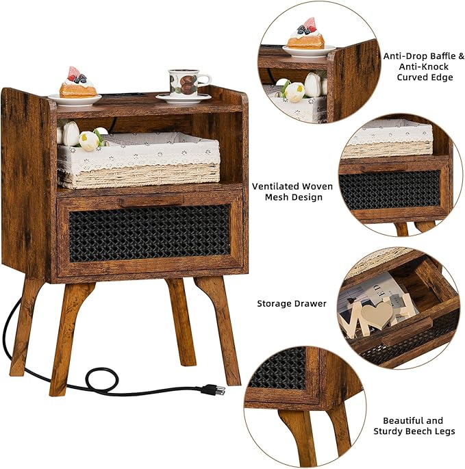 Lerliuo Rattan Nightstands Set of 2 with Charging Station, Boho Side Table with Drawer Open Shelf, Cane Accent Bedside End Table with Solid Wood Legs for Bedroom, Dorm and Small Spaces (Brown)