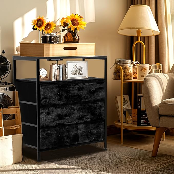 3 Drawers Dresser with Charging Station, 24 Inch Wide LED Night Stand Set 2 with Adjustable Fabric Drawer, Nightstand with Storage Shelf for Living Room/Bedroom/Office, Black.