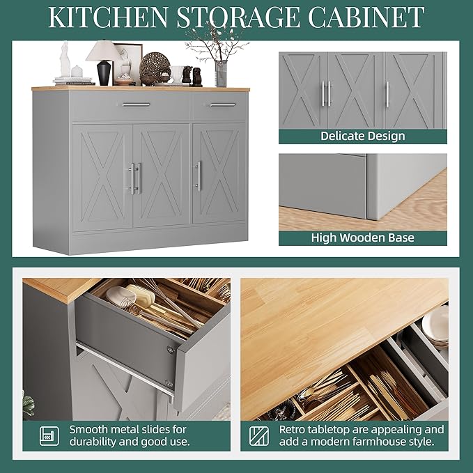 Shintenchi Modern Farmhouse Sideboard Buffet Cabinet with Storage with 3 Doors, 42"Barn Doors Buffet Cabinet with Storage, Wood Coffee Bar Cabinet with Adjustable Shelf for Kitchen, Living Room, Grey