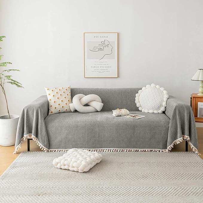 HANDONTIME Dark Grey Slipcover for Sofas - Boho Pet Couch Protector With Tassel - Chenille Herringbone Cover for 2-3 Seat Sofa - 91" X 134"