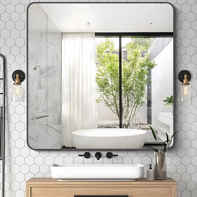 39" x 39"Bathroom Mirror, Matte Black Wall Mirror with Metal Frame, Decorative Rectangular Vanity Mirror for Bedroom Bathroom Living Room Entryway (Horizontal/Vertical)