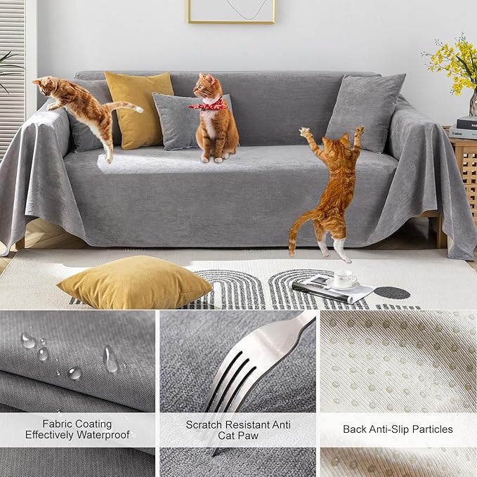 STACYPIK Waterproof Gray Couch Cover for Dogs, Non-Slip Sofa Covers for 3 Cushion Couch,Washable Sectional Cover for L-Shaped, Anti-Scratch Loveseat Cover, Pet-Friendly Furniture Protector-71X134IN
