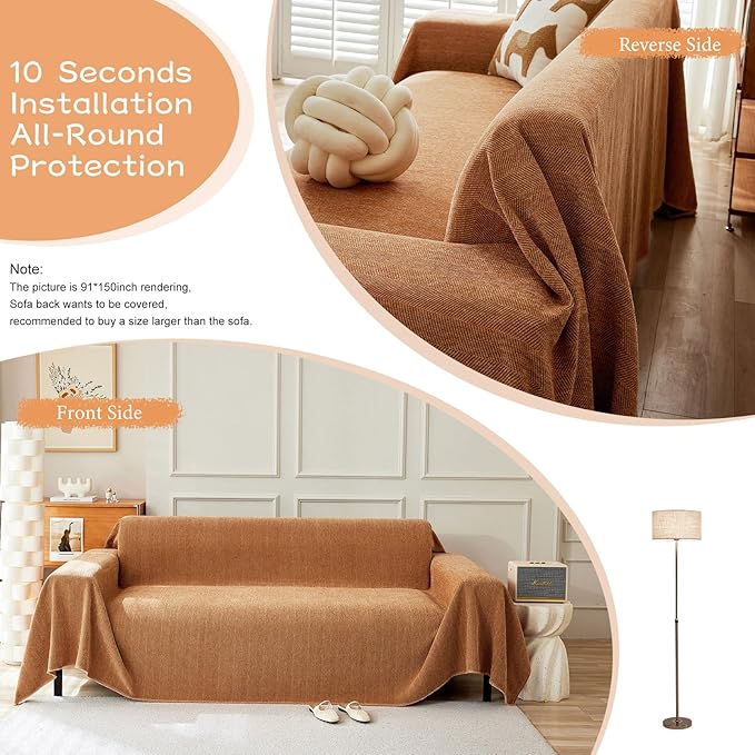 STACYPIK Soft Chenille Orange Sofa Covers, Herringbone Jacquard Pet Protector for 3 Cushion Couch, Loveseat Couch Cover for Sectional, Pumpkin Non-Slip Sofa Slipcover, Multi-Use Throw Blanket-71X134IN