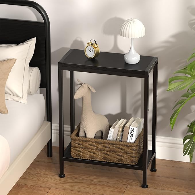 Narrow Side Table for Small Space, 2-Tier Small End Table with Shelf Holder in Living Room, Bedroom, Study, Kitchen and Balcony (Black)