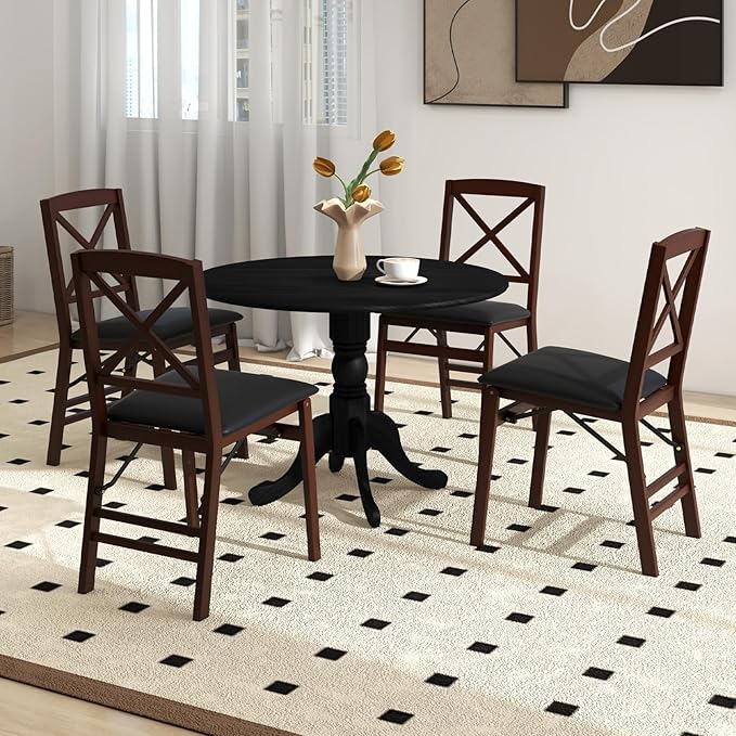 COSTWAY Round Dining Table for 4, 39 inch Kitchen Table with Solid Rubber Wood Frame, Adjustable Foot Pads, Curved Trestle Legs, Mid Century Rustic Dinning Table for Living Room, Black