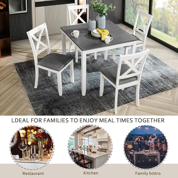 KEIKI 5-Piece Standard Height Dining Table Set with Square Table and 4 X-Shaped Backrest Upholstered Chair, for 4 Person, Modern Wooden Table Set, Easy Assembly, for Kitchen, Dining Room, White+Gray