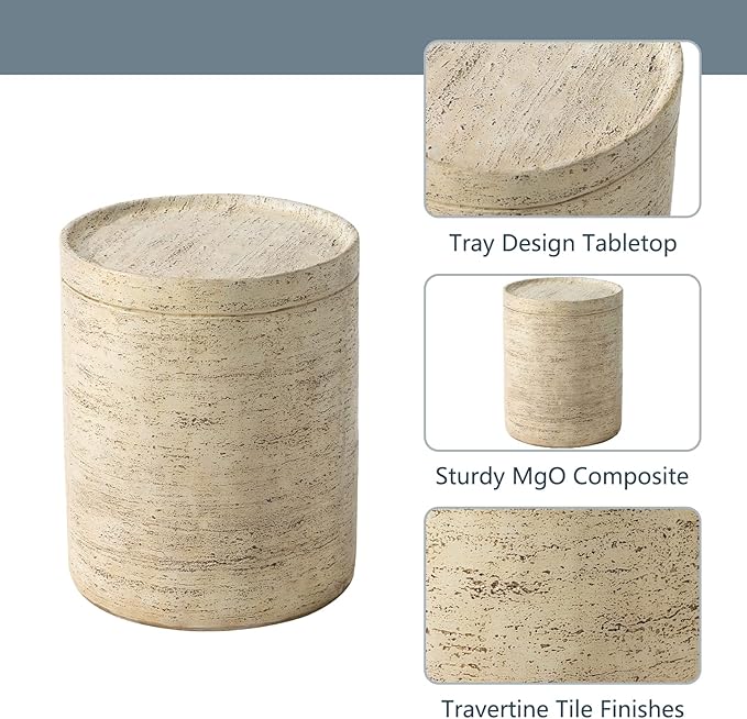 COSIEST 2 Pieces Outdoor Side Table, Set of 2 Cylinder Shaped MgO Patio End Table, Lightweight Accent Table with Tray Top, Round Plant Stand for Garden and Deck, Beige