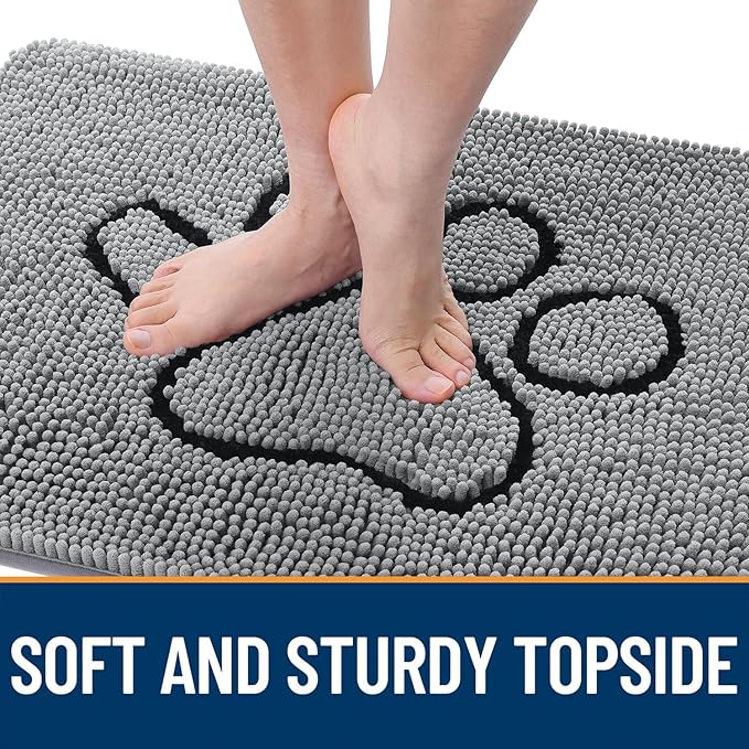 OLANLY Door Mat for Muddy Dog Paws 48x30, Ultra Absorbent Chenille Mud Doormat with Paw Print Design, Non-Slip Washable Doormat for Indoor Entryway, Quick-Dry Pet Bed Mats for Dirty Dogs, Grey