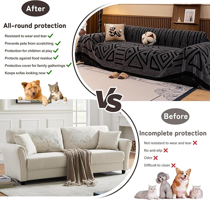 HANDONTIME Dark Grey Sofa Cushion Covers Boho Couch Sofa Covers Short Plush Couch Cover for Sofa Shu Velveteen Couch Sofa Slipcover for Pets Black Geometric Sofa Cover Washable Warm Soft, 71" X134"