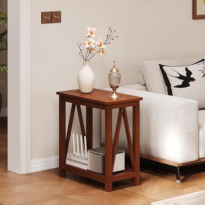 ChooChoo Farmhouse End Table, Narrow Side Table, Slim End Table with Storage Shelf for Small Spaces, Rustic Nightstand, for Living Room, Bedroom Walnut