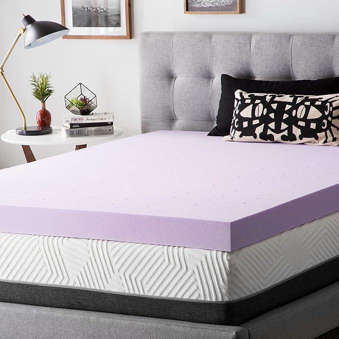 Lucid 4 Inch Lavender Infused Memory Foam Mattress Topper - Ventilated Design – Pressure Relieving Bed Topper - Mattress Pad – CertiPur Certified - Queen Size