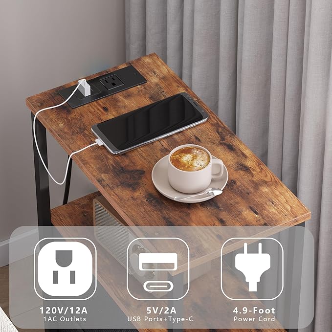 TUTOTAK Narrow Night Stand with Charging Station, Slim End Table with Plugins, Tall Side Table with 3 Fabric Drawer, Small Bedside Table with Storage, Set of 2, Living Room, Bedroom, Brown TB01BB073