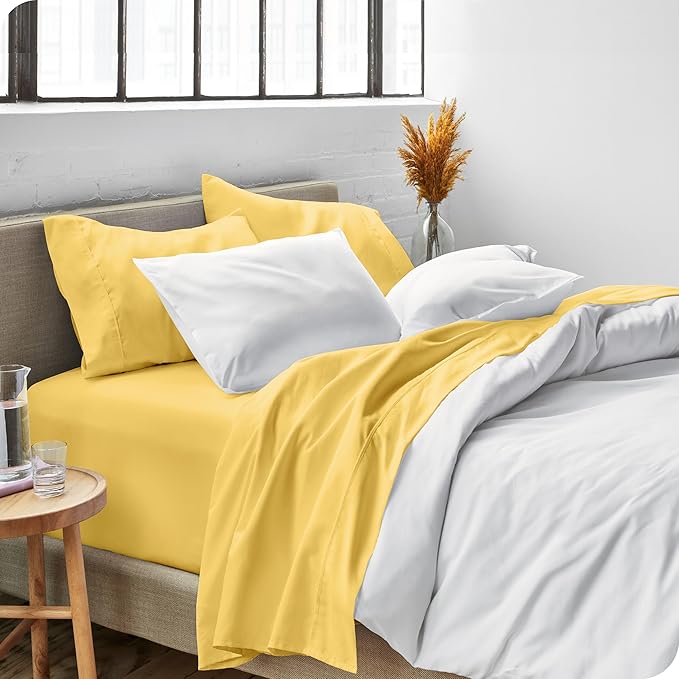 Bare Home Split Head Flex King Sheet Set - 1800 Ultra-Soft Microfiber Bed Sheets - Double Brushed - Deep Pockets - Easy Fit 4 Piece Set - FlexTop King Bedding (Split Head Flex King, Lemon Drop)