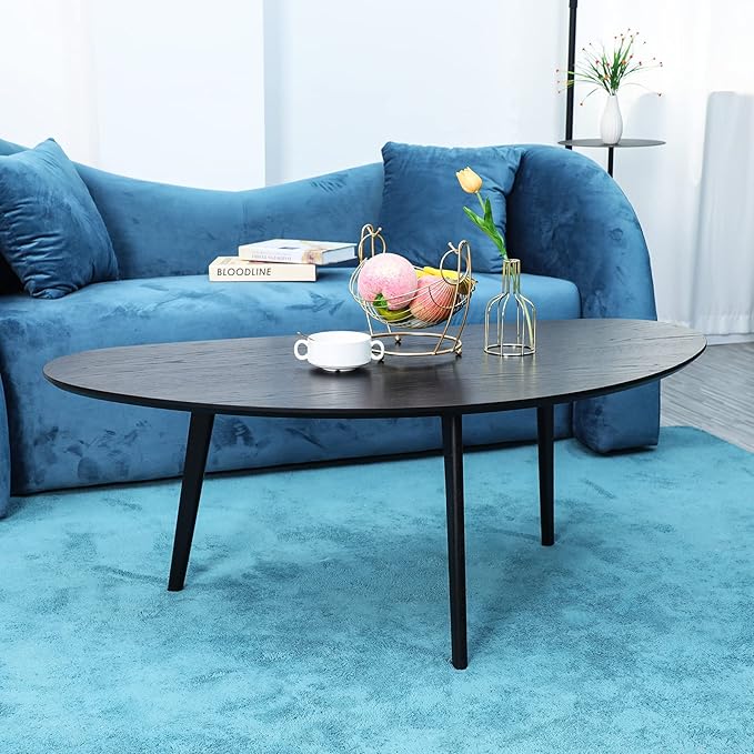 FIRMINANA Mid Century Modern Coffee Table, Oval Black Coffee Table for Living Room & Small Spaces, 47.3" W x 23.63" D x 17.72" H