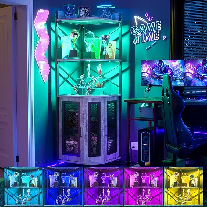 Aheaplus Corner Bar Cabinet with Power Outlet, Industrial Wine Cabinet with LED Strip and Glass Holder, 5-Tiers Liquor Cabinet Bar Unit for Home, Corner Display Cabinet for Small Space, White Oak