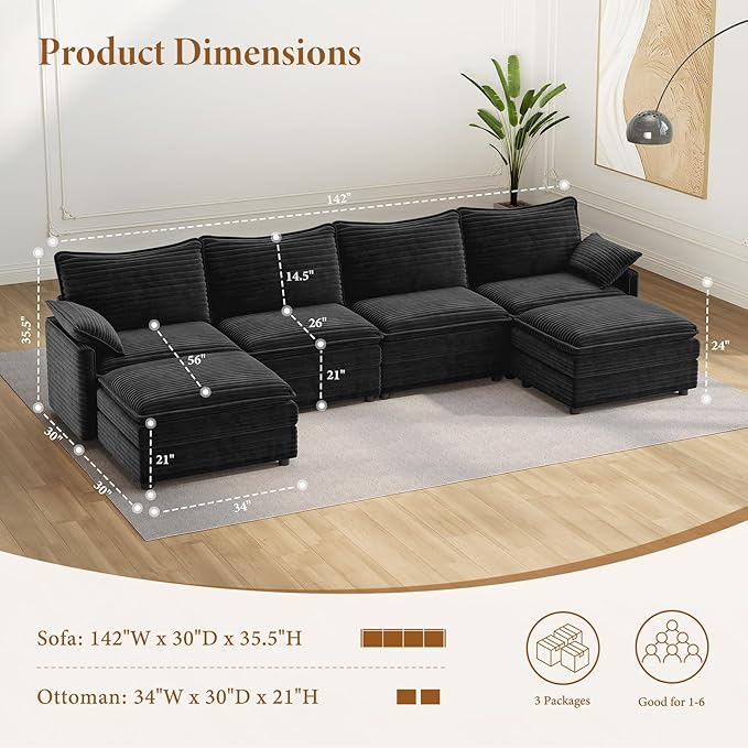 Vesgantti 142" U Shaped Sectional Couch, Comfy Cloud Modular Sectional Sofa with 2 Ottoman Deep Seat Corduroy Modern Cloud Sofa, Modular Sofas for Living Room, Bedroom and Apartment, Gray