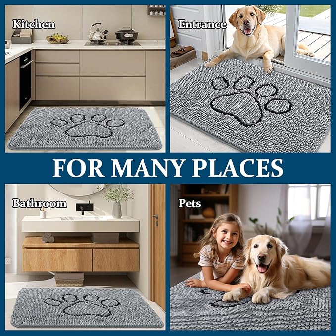 OLANLY Door Mat for Muddy Dog Paws 47x32, Ultra Absorbent Chenille Mud Doormat with Paw Print Design, Non-Slip Washable Doormat for Indoor Entryway, Quick-Dry Pet Bed Mats for Dirty Dogs, Grey