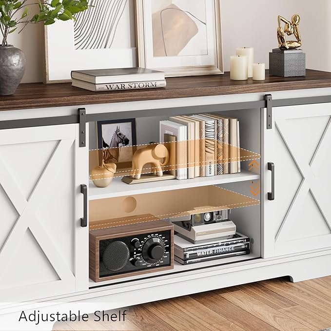 GarveeHome Farmhouse Tv Stand for 65 Inches TVs, Entertainment Center with Sliding Barn Doors and Adjustable Shelf, Modern Media TV Console TV Stand Table for Living Room, Bedroom, White