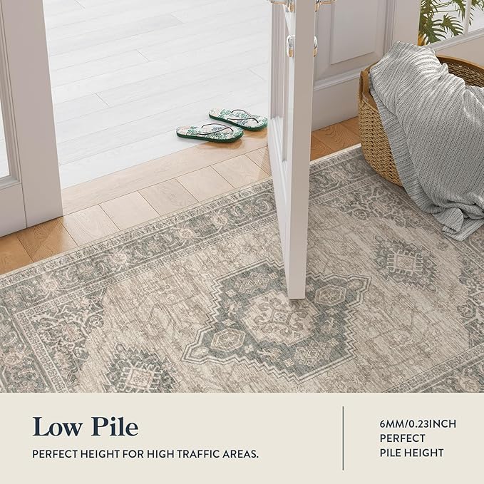 Lahome Oriental Washable Area Rug, 3x5 Soft Rugs for Bedroom Living Room, Ultra-Thin Vintage Non-Slip Throw Carpet for Kitchen Office Entryway, Grey/Brown