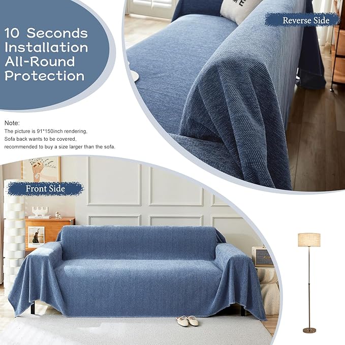 STACYPIK Durable Simple Blue Sofa Cover for Pets Kids Textured Herringbone Chenille Couch Covers for 3 Cushion Couch L Shape Couch Cover Versatile Protector Cover Multi-Use Blanket Washable-91X134IN