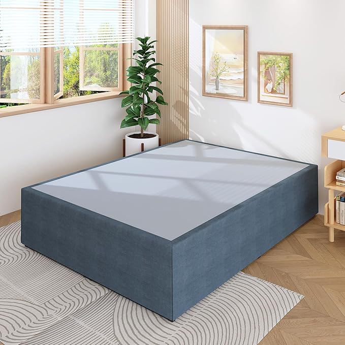 18 Inch Queen Bed Frame with Cover Skirt, Heavy Duty Steel Slat Support Metal Platform Bed Frame Queen Size No Box Spring Needed, Easy Assembly, Black and Blue