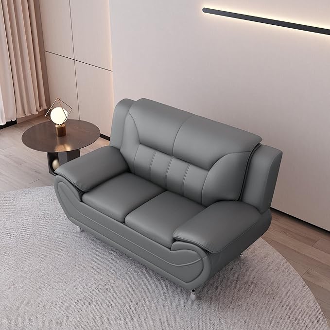 Container Furniture Direct Michael Modern Faux Leather Upholstered Stainless Steel Legs Living Room Loveseat, Sleek Gray
