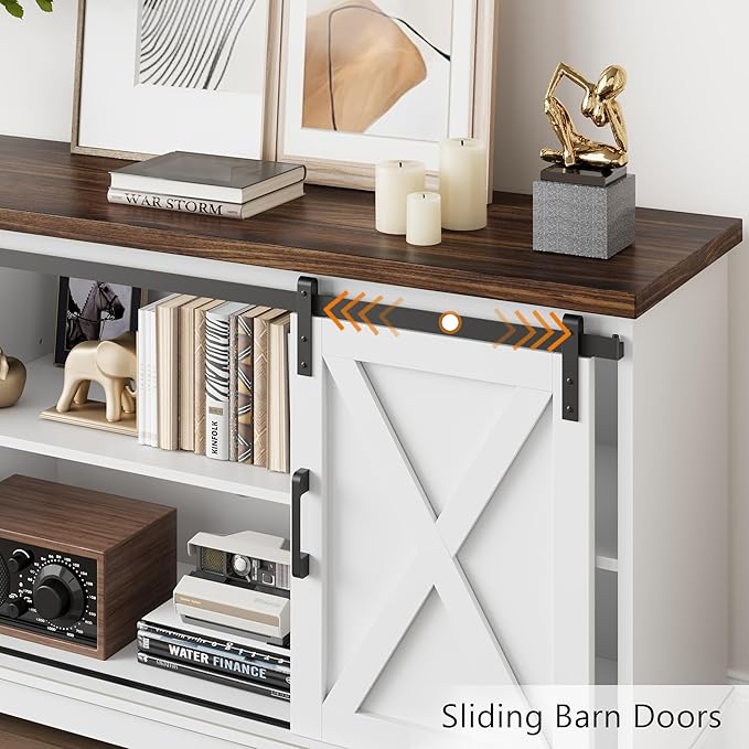 GarveeHome Farmhouse Tv Stand for 65 Inches TVs, Entertainment Center with Sliding Barn Doors and Adjustable Shelf, Modern Media TV Console TV Stand Table for Living Room, Bedroom, White