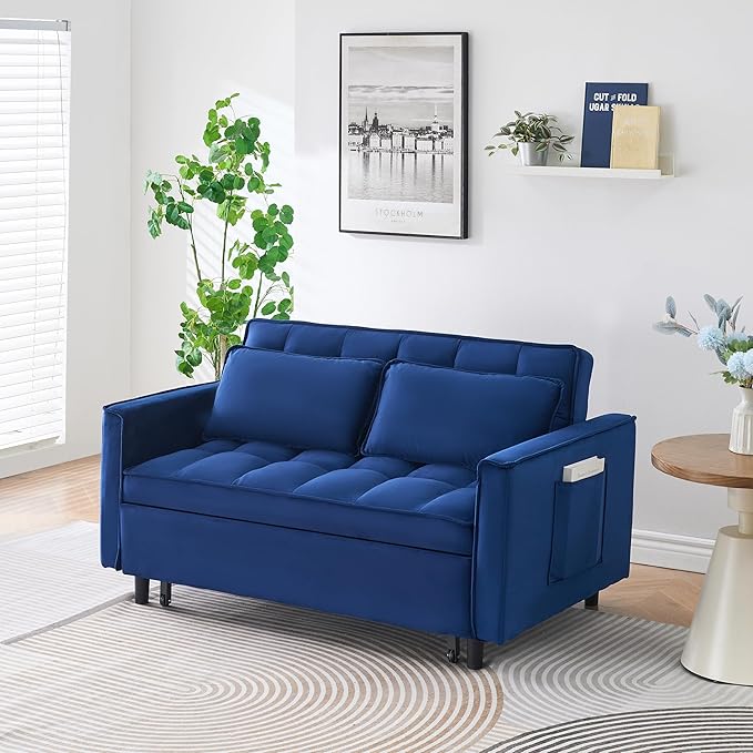 Ball & Cast 3 in 1 Convertible Sleeper Sofa Bed,Velvet Futon Couch with Pull-Out Bed,Convertible Pull Out Couches W/ 2 Pillows,Adjustable Backrest & Side Pocket,for Living Room,Apartment,Blue,55"