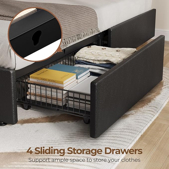 Rolanstar Full Size Bed Frame with 4 Storage Drawers and Charging Station, Full Bed with Led Lights, 2 USB & 1 Type C, Adjustable Headboard 38.9/40.8 Inches, No Box Spring Needed, Black