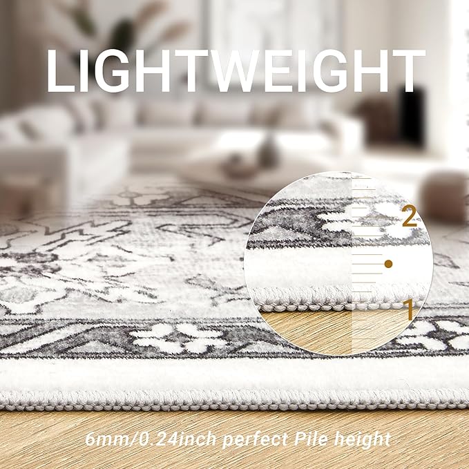 zesthome 5x7 Area Rugs - Ultra-Thin Washble Rug, Stain Resistant Anti Slip Backing Rugs for Living Room,Bedroom, Vintage Home Decor Area Rug (Grey/White,5'x7')