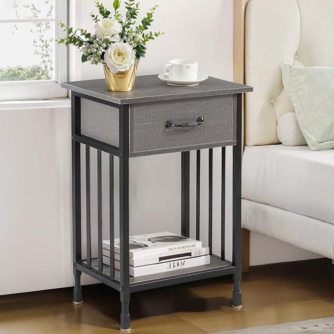 VECELO Nightstands, Industrial Side Table/End Tables with Drawer and Storage Shelf, Night Stands for Bedroom, Living Room, Wood Metal Furniture, Easy Assembly