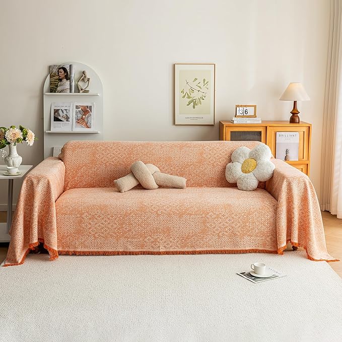 STACYPIK Boho Sofa Cover for Pets, Orange Geometric Couch Cover for 3 Cushion Sofa, Washable Dogs Protector for Living Room, Anti-Slip Sectional Covers for Loveseat with Tassel Throw Blanket-71X134IN