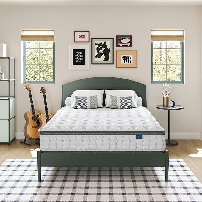 Vesgantti Queen Mattresses, 10 Inch Hybrid Pillow Top Queen Size Mattress in a Box, Memory Foam Pocket Coils Innerspring Mattresses, Fiberglass Free, Pressure Relief, Medium Firm Plush Feel