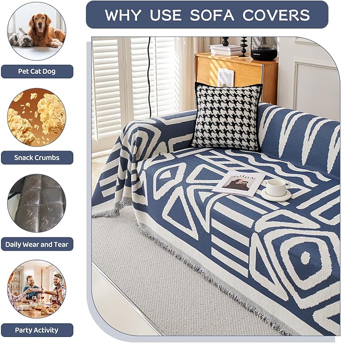 STACYPIK Boho Chenille Blue Sofa Cover L Shaped Couch Cover Reversible Couch Cover for 3 Cushion Couch Non-Silp Furniture Cover for Dogs Cats Sectional Sofa Cover for Loveseat Futon Cover-91X134IN