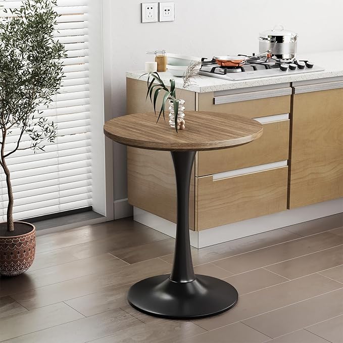 24 inch Small Tulip Table for 2 Person, Walnut Round Dining Table for Kitchen, Leisure Wood Mid Century Modern Table with Metal Pedestal Base for Cafe, Living Room, Bar, Circle Bistro Tables