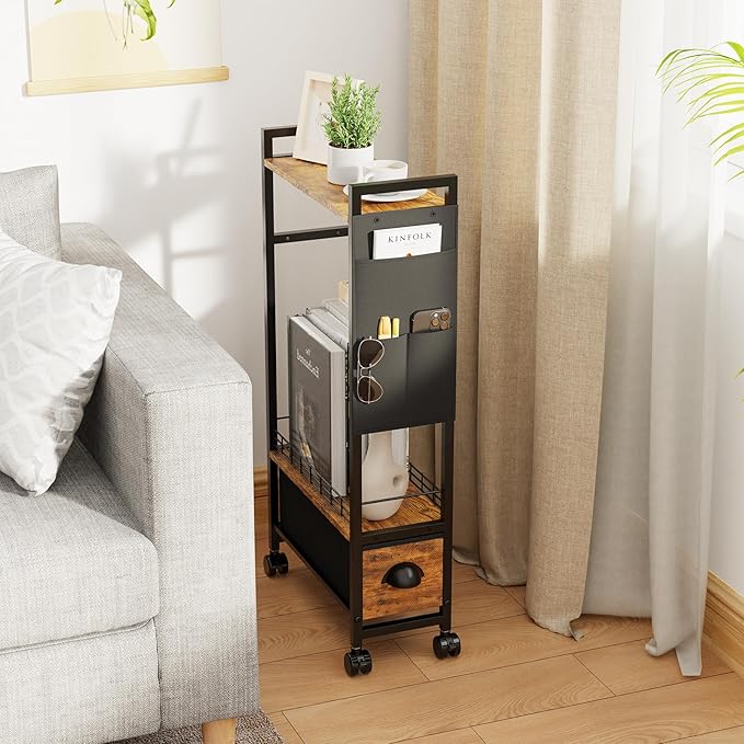 Narrow Side Tables with Drawer for Small Spaces, Small End Table Slim Nightstand with Wheels, Space Saving Skinny Thin Bedside Sofa Coffee Desk with Storage Bag for Bedroom Living Room Couch