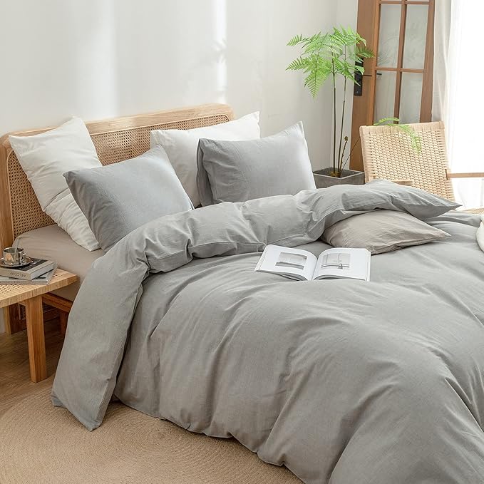 BESTOUCH Duvet Cover Set 100% Washed Cotton Linen Feel Super Soft Comfortable Chic Lightweight 3 PCs Home Bedding Set Solid Light Grey Cal King