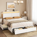 Queen Bed Frame with 4 Storage Drawers Bed Frame Queen Size with Headboard LED Lights Charging Station Metal Slats Platform Heavy-Duty Support No Box Spring Needed White