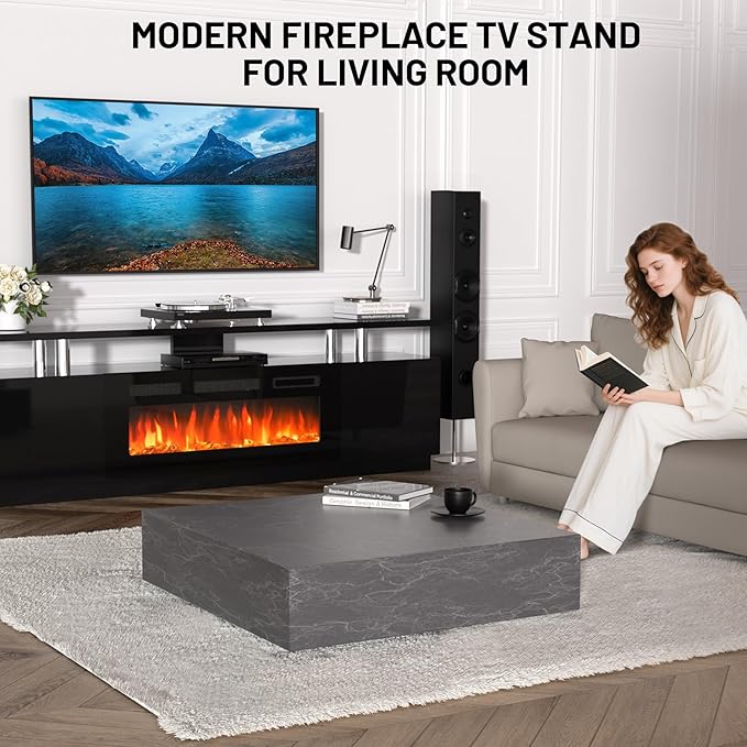 70 Inch Fireplace TV Stand with 36 Inch Electric Fireplace, 12 Colors LED Lights, 750W/1500W for Max 80 Inch TV, 2 Tier Storage 2 Door Cabinet