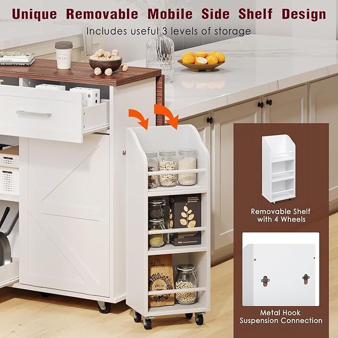 Ball & Cast Farmhouse Kitchen Island with Drop Leaf,Rolling Kitchen Cart on 5 Wheels W/Removable Side Racks and 2 Drawers,Kitchen Storage Cart W/Towel Rack,for Kitchen,Dining Room,White,47.2"