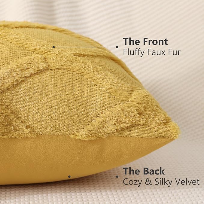 decorUhome Fall Throw Pillow Covers 18x18 Inch Set of 2, Soft Plush Faux Fur Wool Mustard Yellow Couch Pillow Covers, Decorative Neutral Pillow Cases for Bed Sofa Living Room Home Decor
