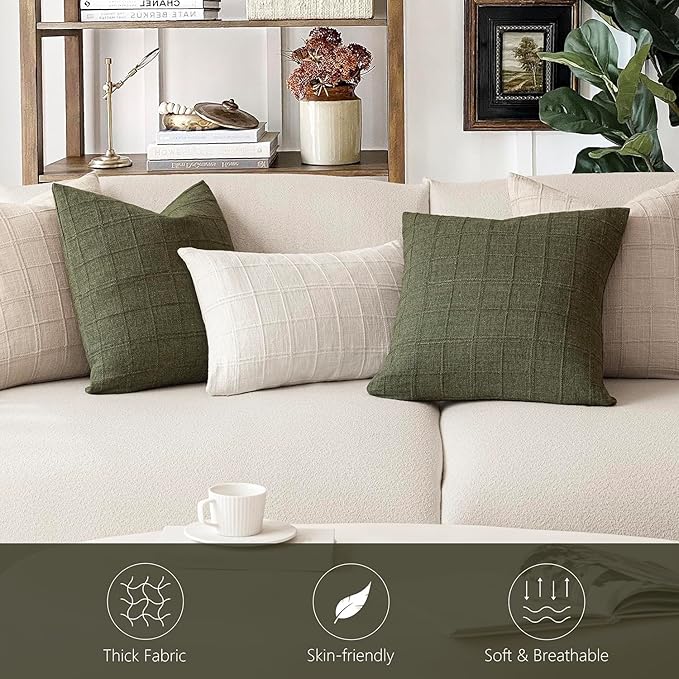 Foindtower Set of 2 Decorative Linen Check Throw Pillow Covers Neutral Farmhouse Vintage Cushion Covers Modern Boho Home Decor for Sofa Chair Couch Bedroom Living Room Outdoor,22×22 Inch,Olive Green
