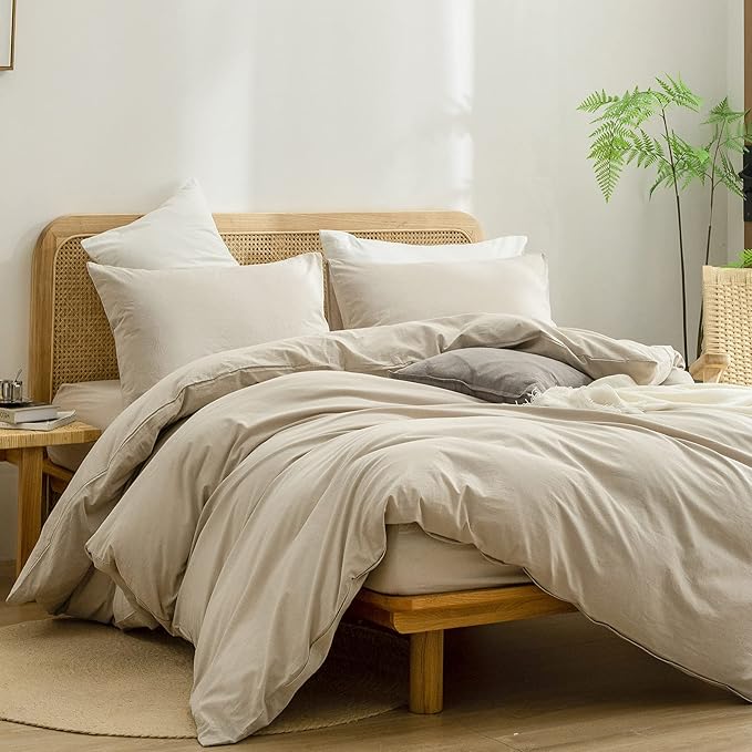 BESTOUCH Duvet Cover Set 100% Washed Cotton Linen Feel Super Soft Comfortable Chic Lightweight 3 PCs Home Bedding Set Solid Almond Milk Grey Oversized King