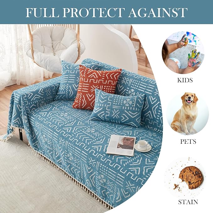 HANDONTIME Turquoise Couch Protector for Dogs Boho Tassel Blue Couch Cover Farmhouse Sofa Covers Aztec Tribal Couch Covers for 3 Cushion Couch Sofa Universal Sofa Slipcover for Home décor, 71" X150"