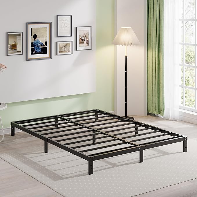 EMODA Queen Bed Frame No Box Spring Needed 10 Inch Heavy Duty Metal Platform BedFrame Queen Size with Steel Slats, Easy Assembly, Black