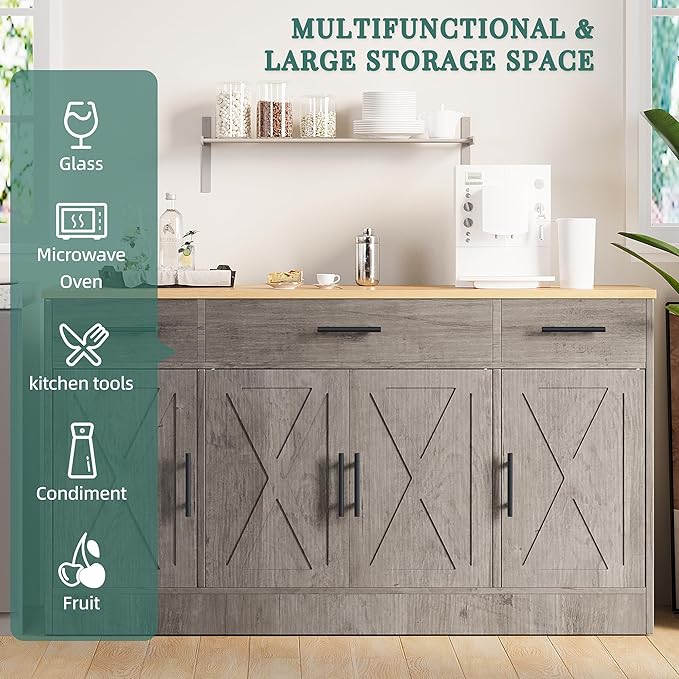 Shintenchi Sideboard Buffet Cabinet with Storage,53.4" Large Kitchen Buffet Storage Cabinet with 3 Drawers and 4 Doors,Wood Farmhouse Sideboard with Adjustable Shelf for Kitchen, Living Room,Grey