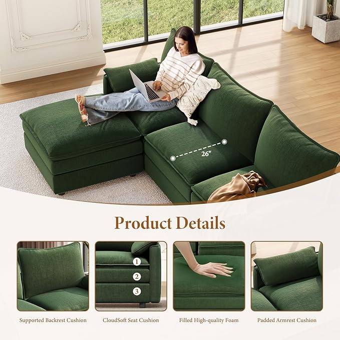Vesgantti 142" Cloud Couch Sectional Modular Sofa, Comfy Sectional Couch with Ottoman Deep Seat Chenille L Shaped Sofa, Modular Couches for Living Room, Bedroom and Apartment, Green